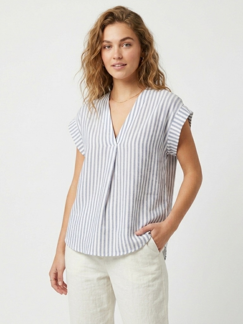 Rails Small Nala Blue Striped Linen Blend V-Neck Top
